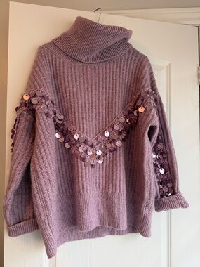 Sequin Trim Turtleneck Sweater - Lavender